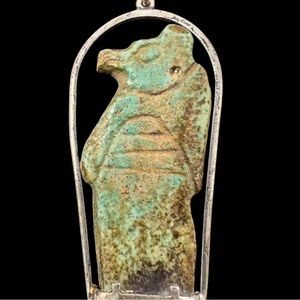 18” Sterling Chain and Pendant Setting of a Faience Clay Amulet of Sobek